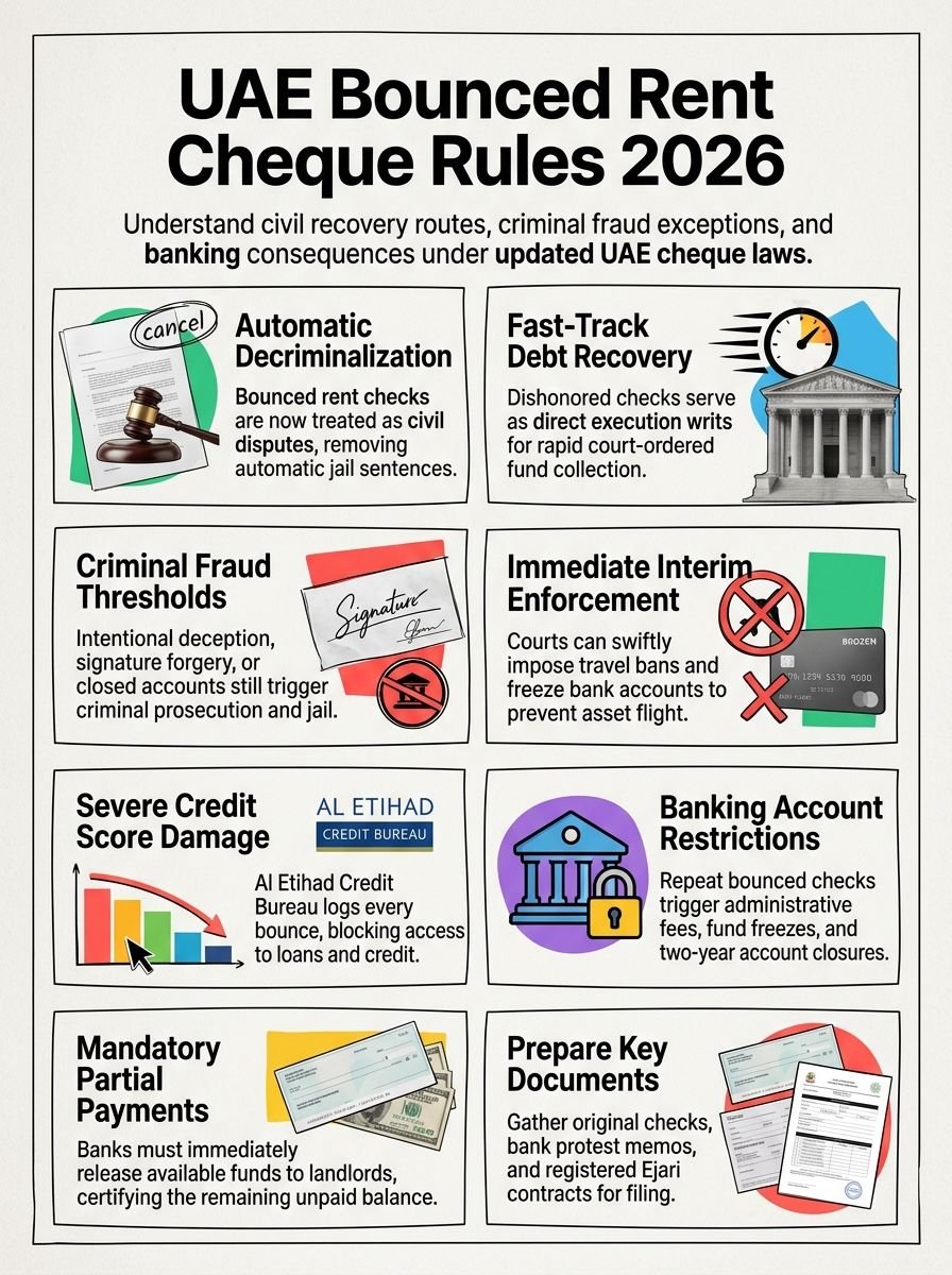 Bounced Rent Cheque UAE 2026: Criminal Case or Civil Dispute Now? Bounced Rent Cheque UAE 2026: Criminal Case or Civil Dispute Now?