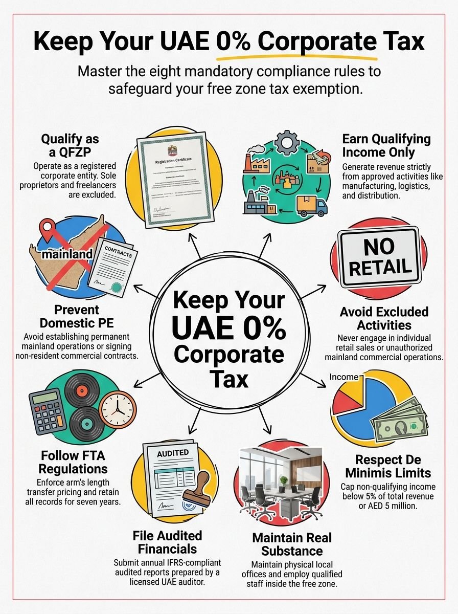 UAE Free Zone 0% Tax 2026: 8 Conditions You Must Not Break UAE Free Zone 0% Tax 2026: 8 Conditions You Must Not Break